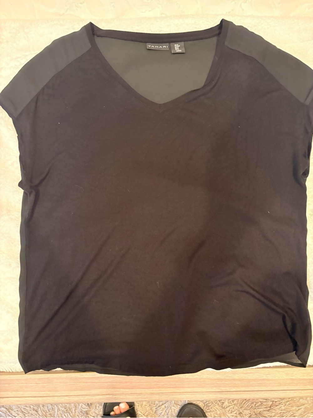 Tahari Black Short-Sleeve V-Neck Top with Sheer Back  M